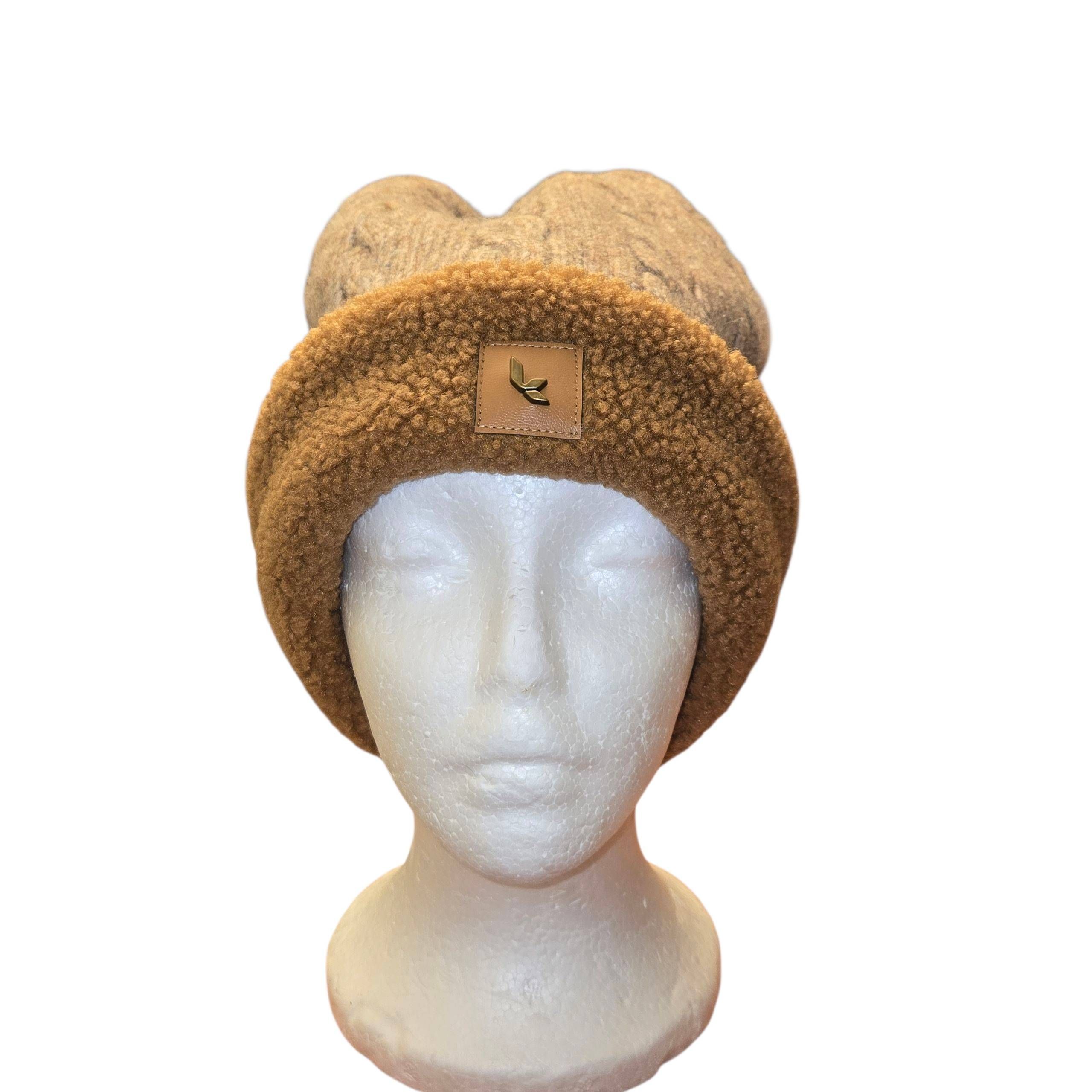 Women's Brown Knitted Fleece Lined Bobble Hat